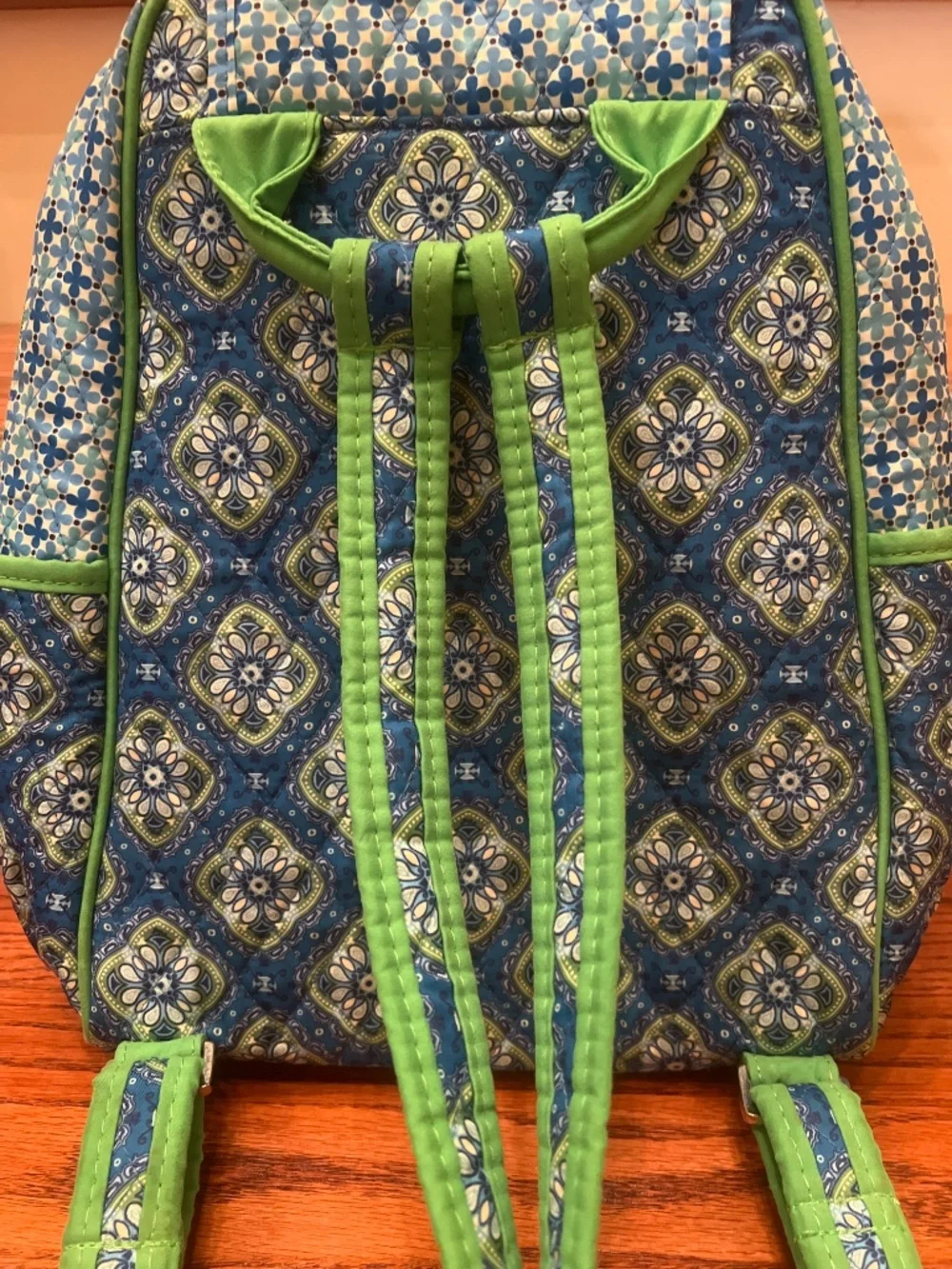 Quilted Mini Backpack Blue Green Floral Geometric Small Daypack with Flap & Pock